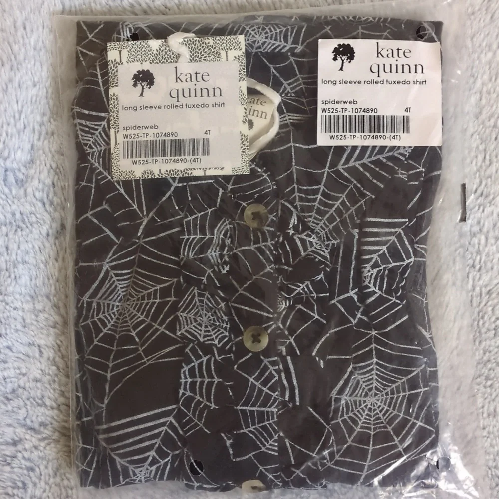 NWT 4T Kate Quinn 🕸️ long sleeve rolled tuxedo shirt spiderweb bamboo spooky
